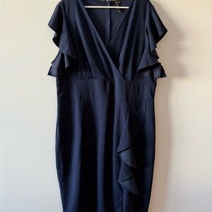 Miusol Dark Blue Midi Dress with Ruffle Sleeves